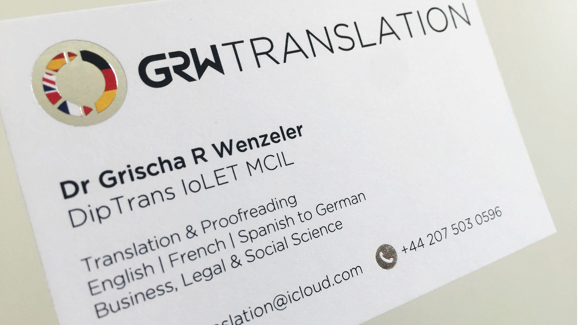 GRW Translation business card design printed for Dr Grischa Wenzeler by Huw Mathias brand identity designer London