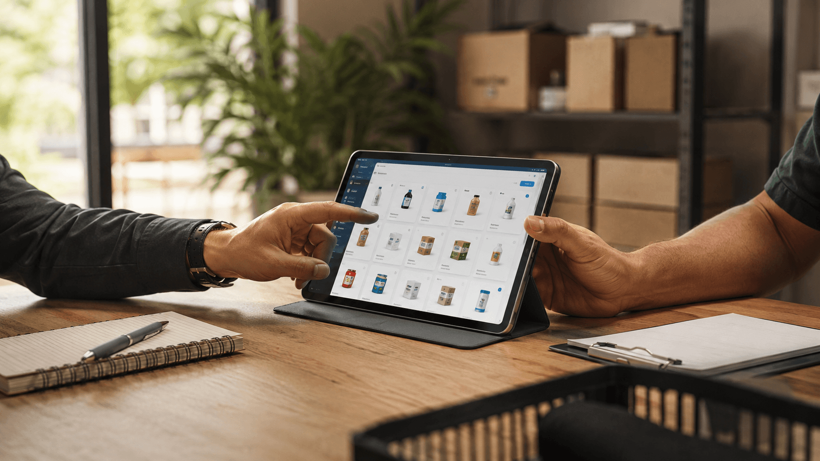Renderização 3D realista em formato 16:9 de um ambiente corporativo moderno. Sobre uma mesa de madeira, um tablet exibe uma interface de catálogo de produtos e pedido digital. Duas mãos interagem com o dispositivo a partir de lados opostos da mesa, sugerindo colaboração entre representante comercial e cliente no processo de compra. Ao redor, há itens de escritório discretos, como bloco de anotações e prancheta. Ao fundo, prateleiras com caixas organizadas e plantas desfocadas criam um ambiente profissional e acolhedor. Iluminação natural suave entra pelas janelas, reforçando a ideia de um fluxo de pedidos assistido e compartilhado por meio de um canal digital. Sem texto visível e sem pessoas inteiras na cena.
