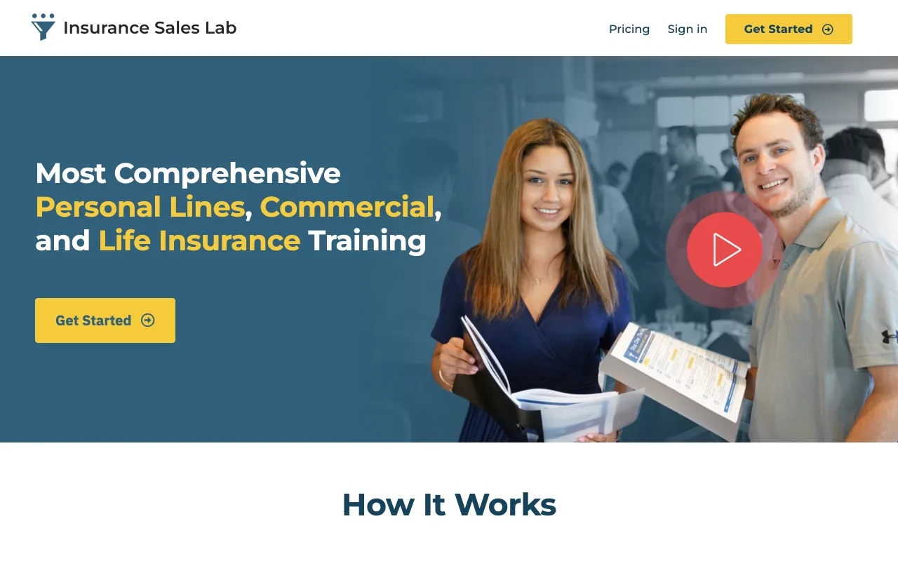 Insurance Sales Lab homepage, comprehensive personal lines, commercial, and life insurance training