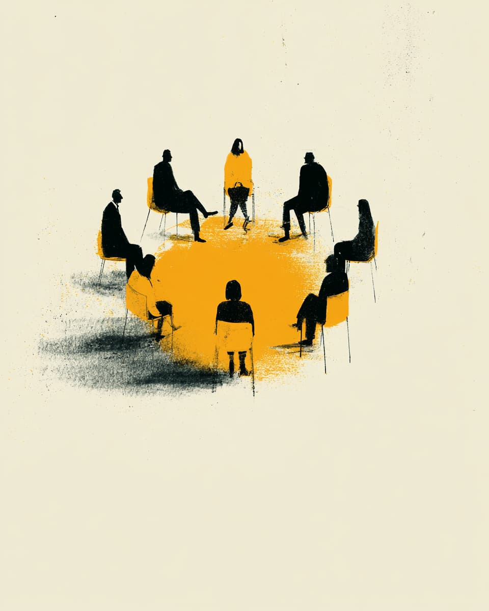 Illustration Gruppentherapie: Personen sitzen im Kreis, Psychotherapie, Therapiegruppe