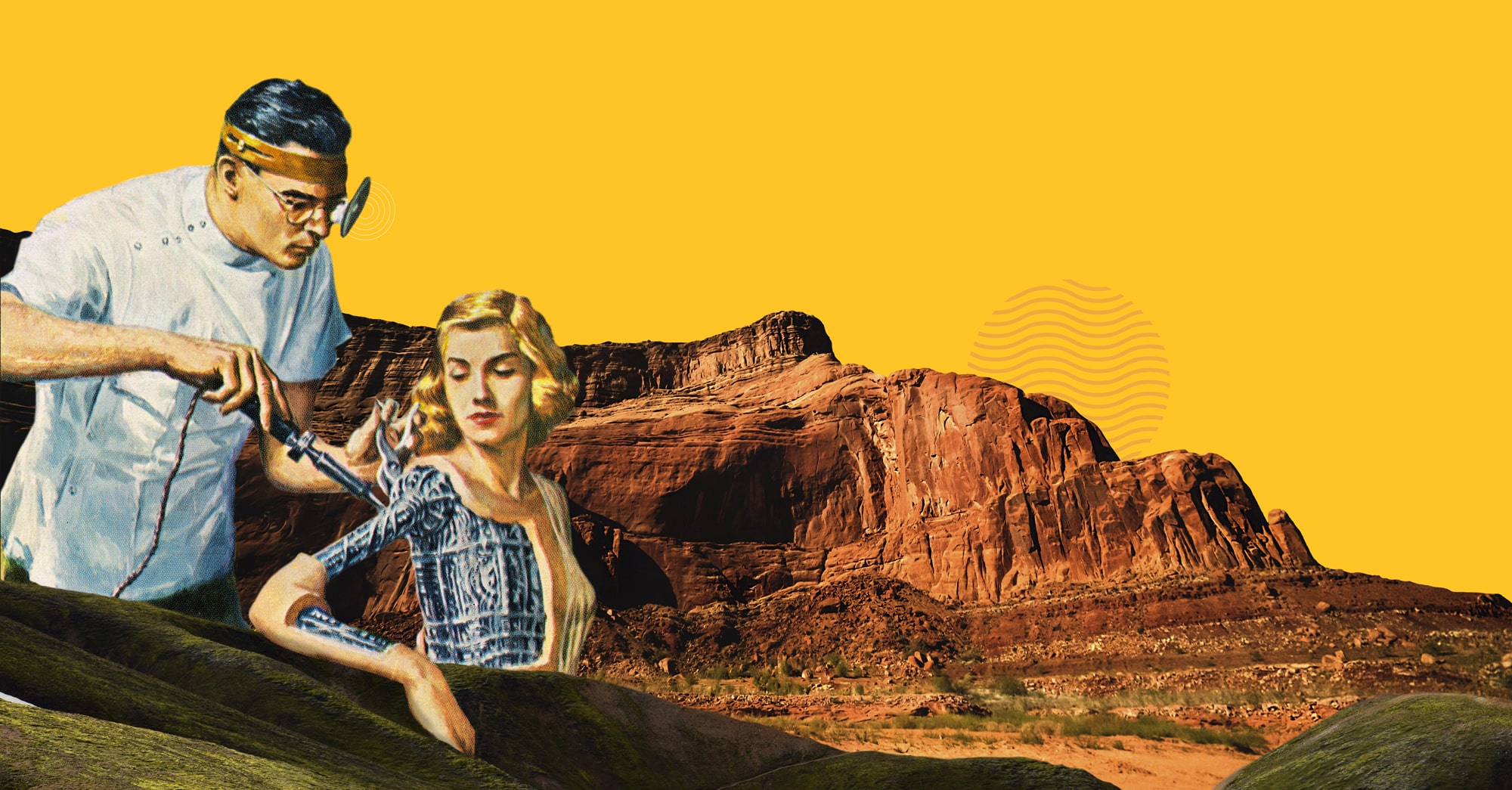 Cirujano examinando brazo robótico en un paisaje desértico con fondo amarillo brillante.
