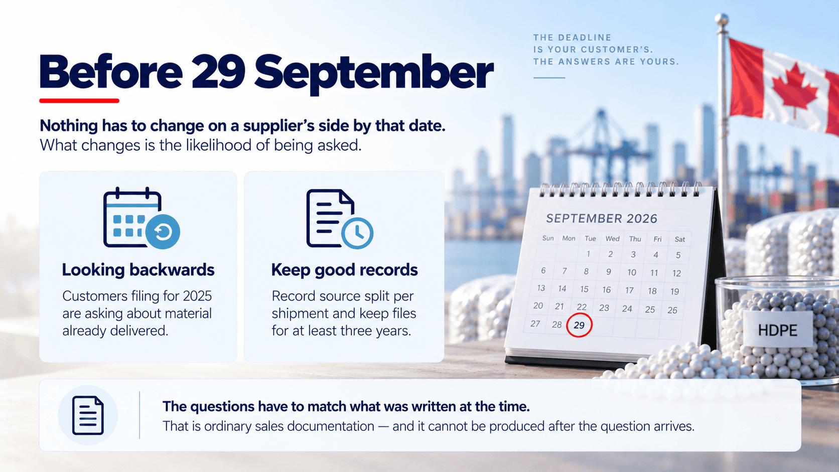 Before the 29 September deadline — Canadian customers filing for 2025 ask about material already delivered, so record the source split per shipment and keep files for three years