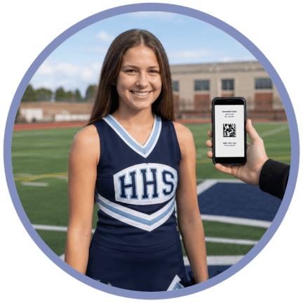 Assistant holding a paperless camera card on a smartphone beside a high school cheerleader, illustrating a small Data Matrix code that benefits from Snapizzi High Resolution Scanning during keyframe uploads.