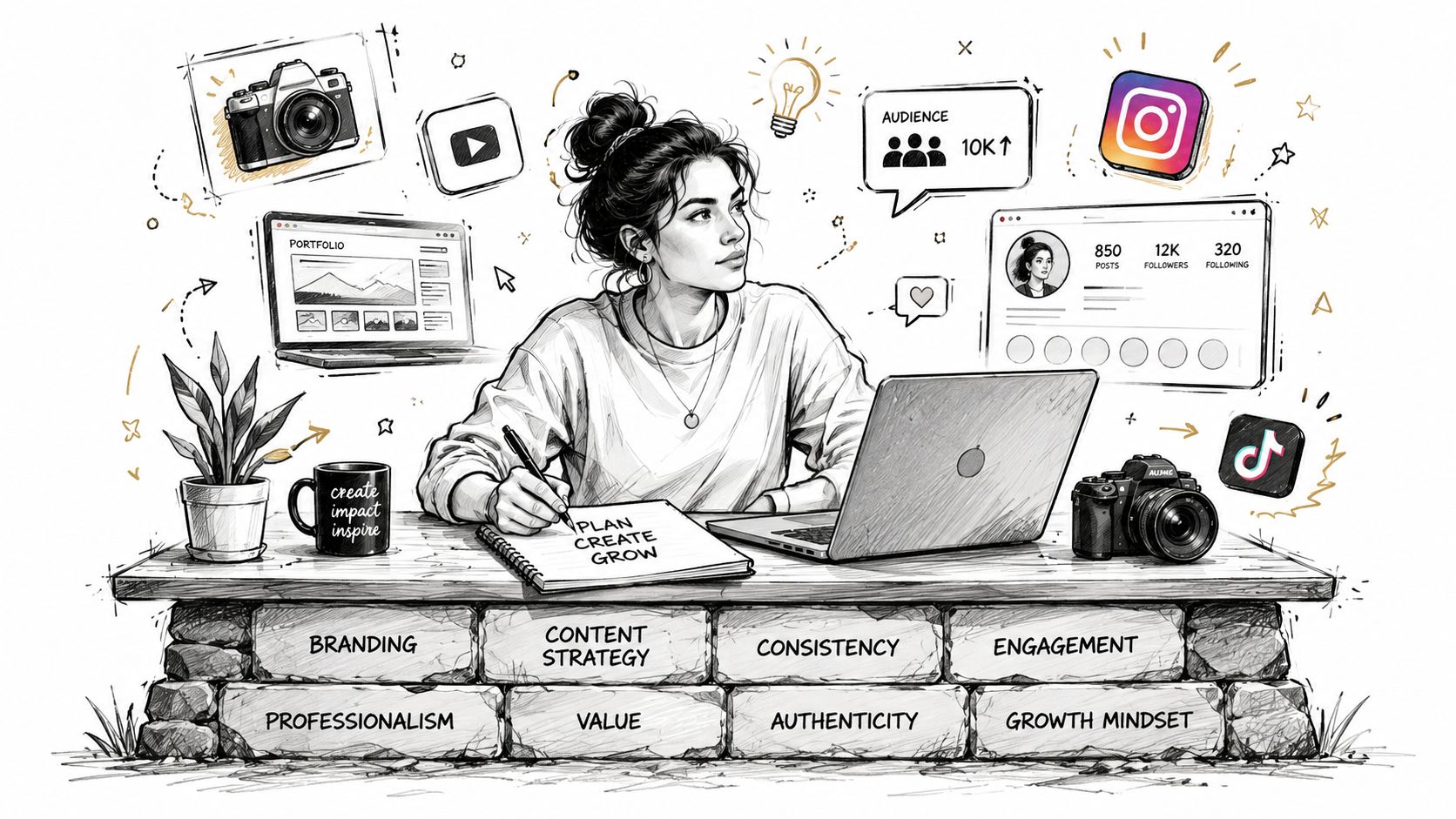 A digital illustration of a woman working at a desk, surrounded by content creation and branding elements.