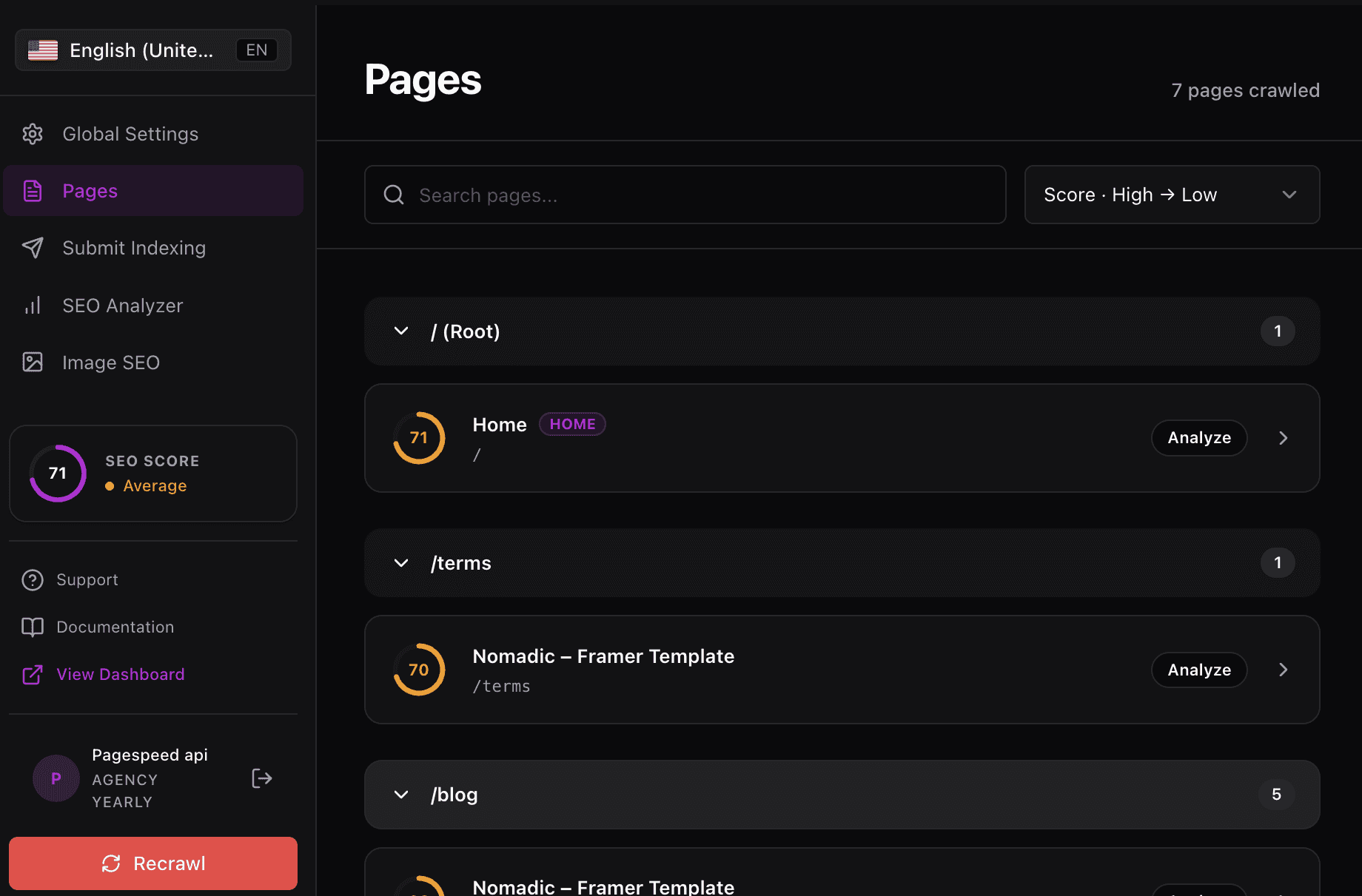 RankFrame Pages list with a per-page SEO score and an Analyze button on each page