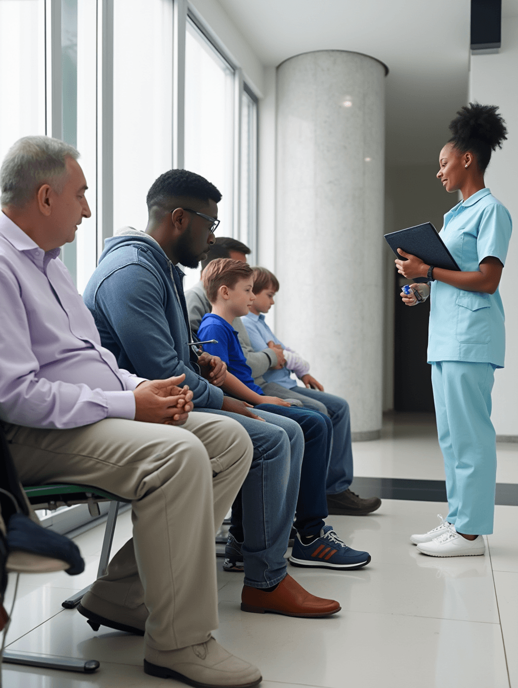 Hospital waiting room with several patients of different ages sitting on chairs, including an elderly man, a middle-aged man with a child, waiting to be seen by medical staff in the background