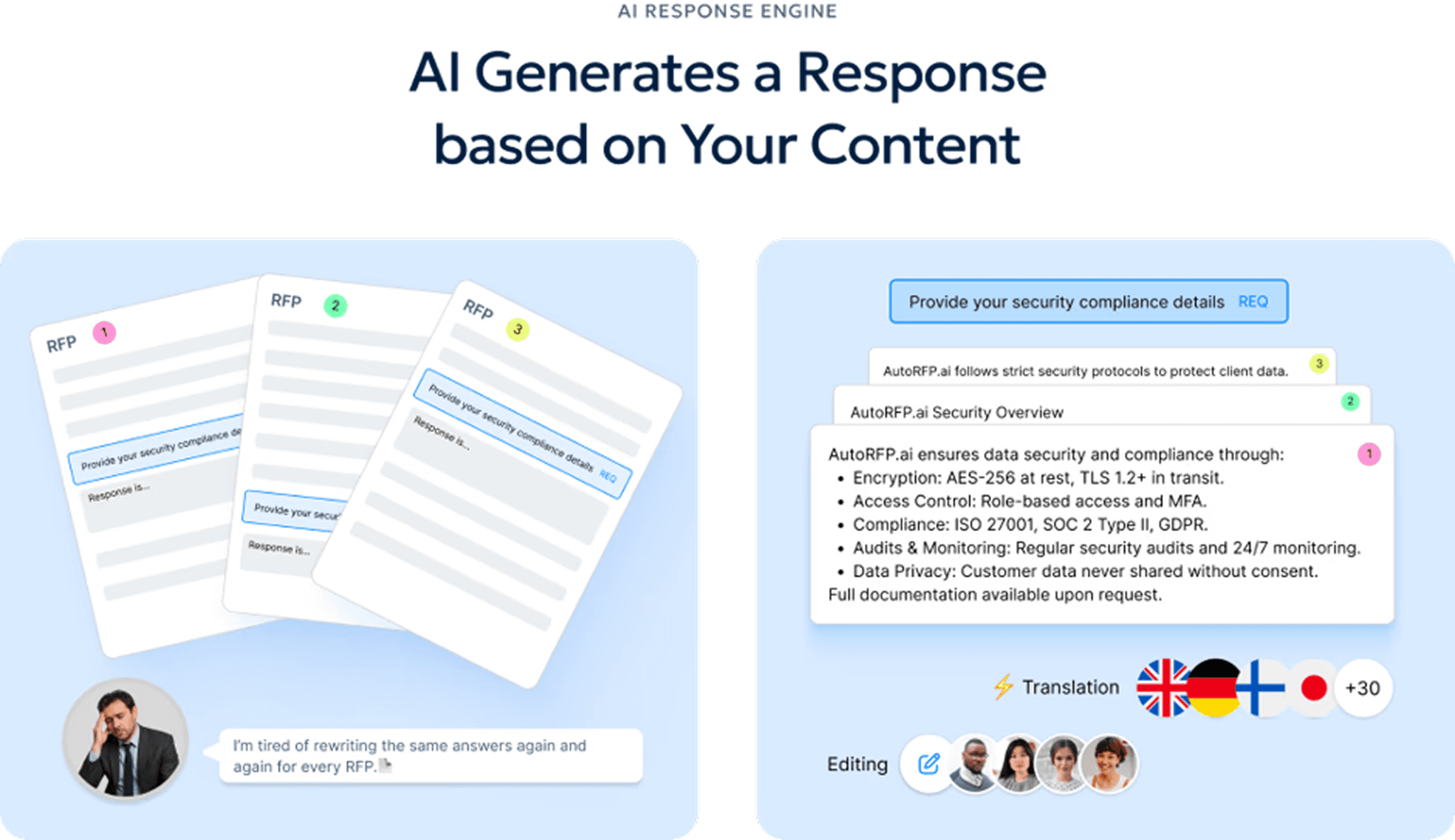 AutoRFP.ai AI Response Engine generating a security compliance answer.