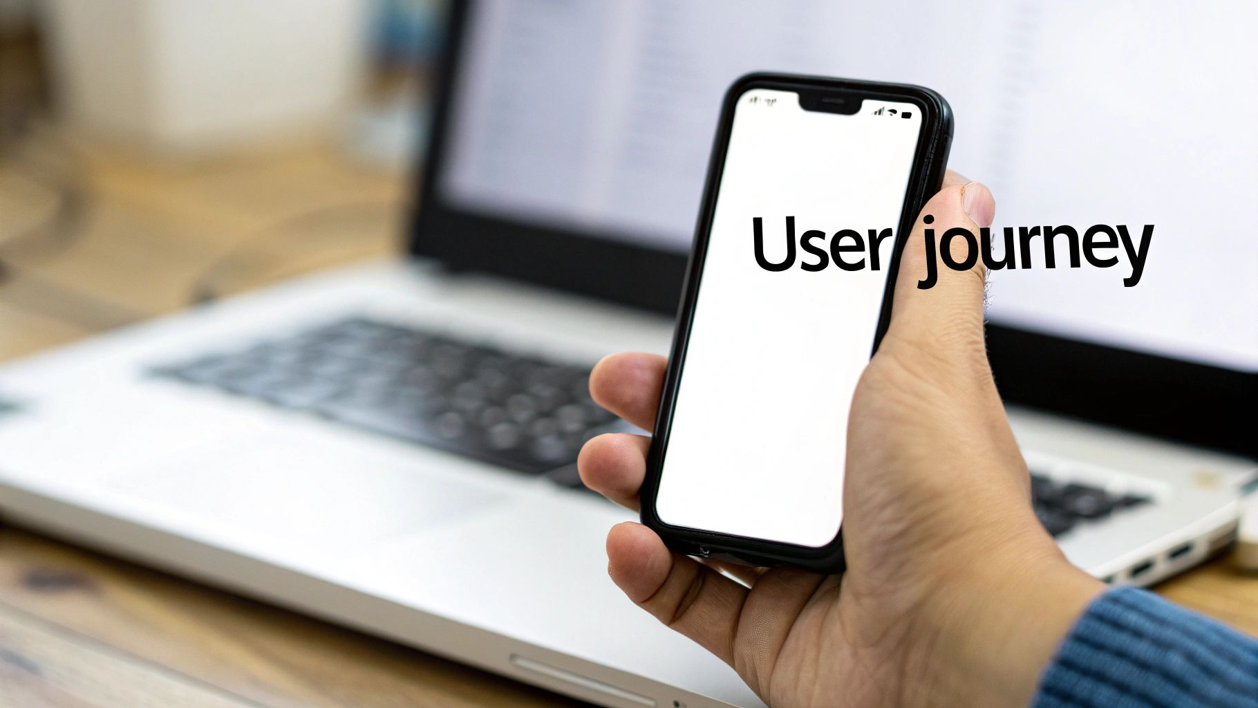 A hand holds a smartphone displaying 'User journey' text, with a blurred laptop in the background.