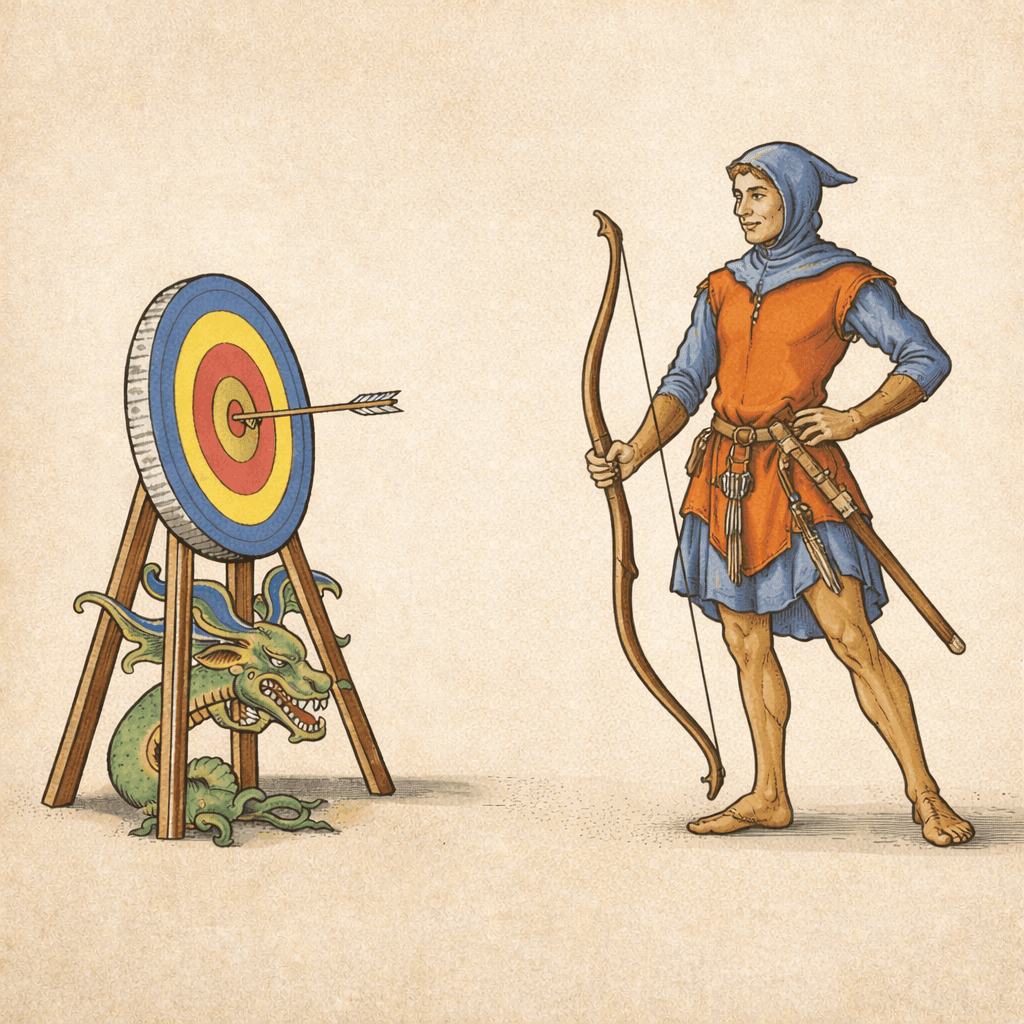 An archer with a bullseye target