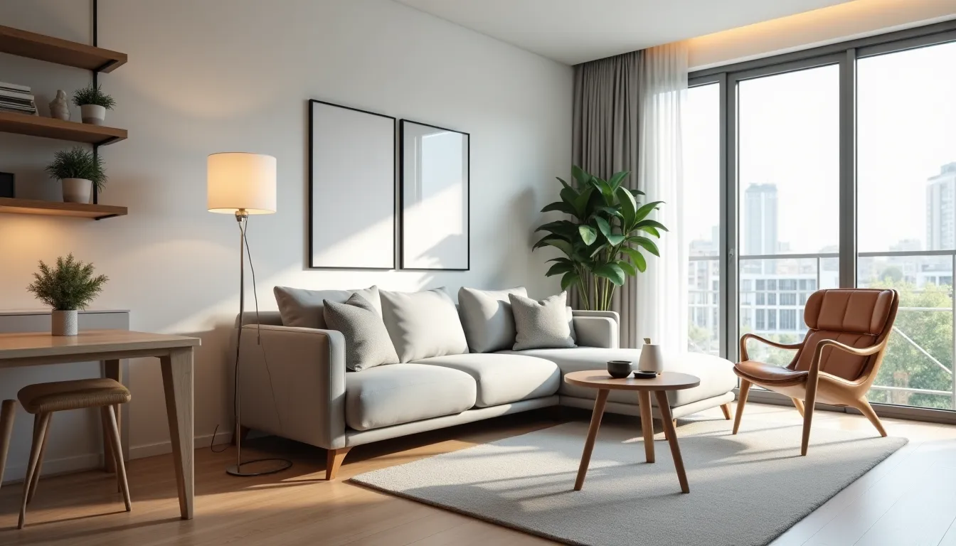 Modern apartment living area with grey sofa and natural light designed for tenant comfort.