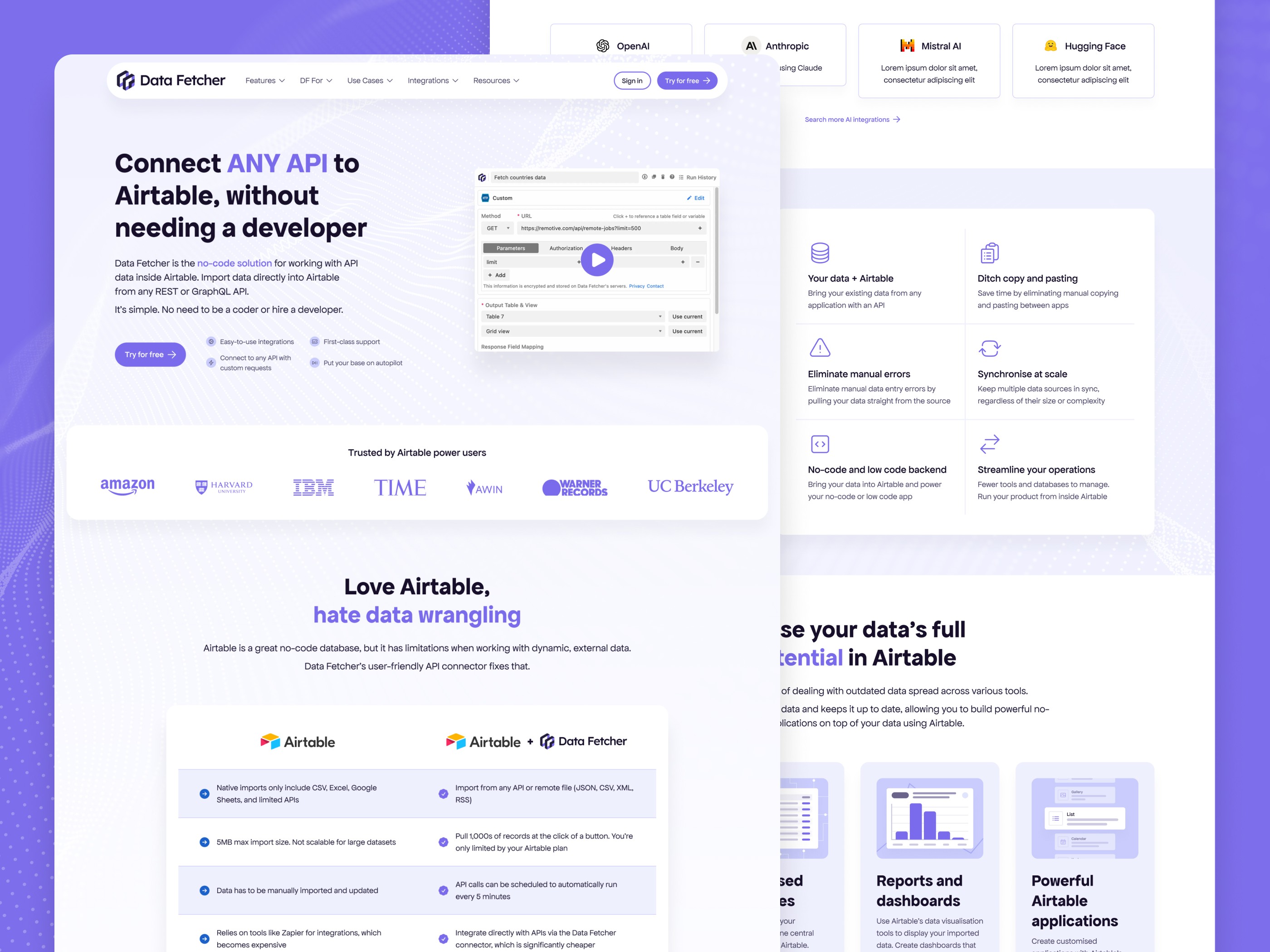 Homepage design for data automation tool Data Fetcher, including header navigation, hero, and other sections