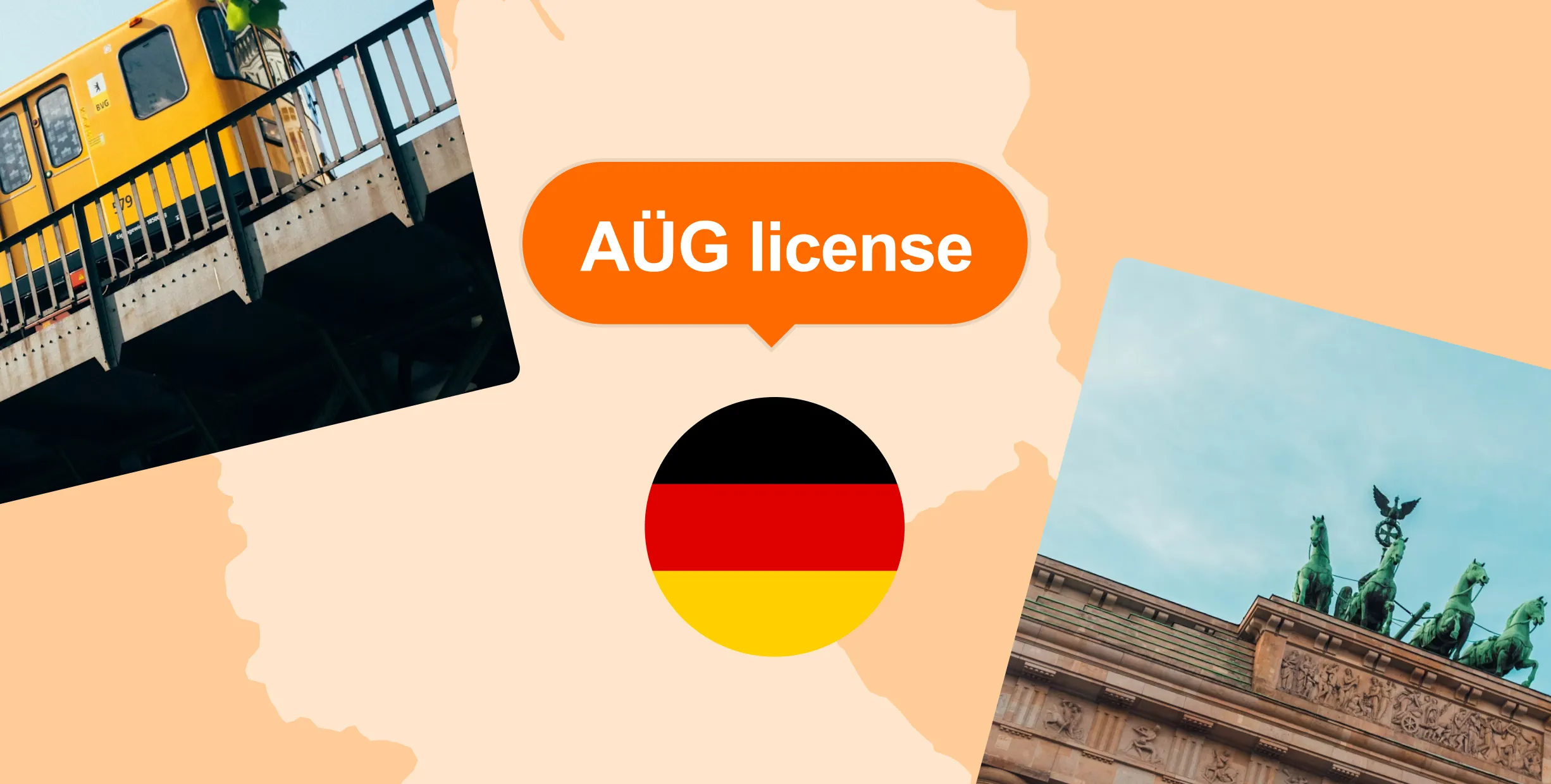Map of Germany with a train, "AÜG license" text, German flag, and Brandenburg Gate image.