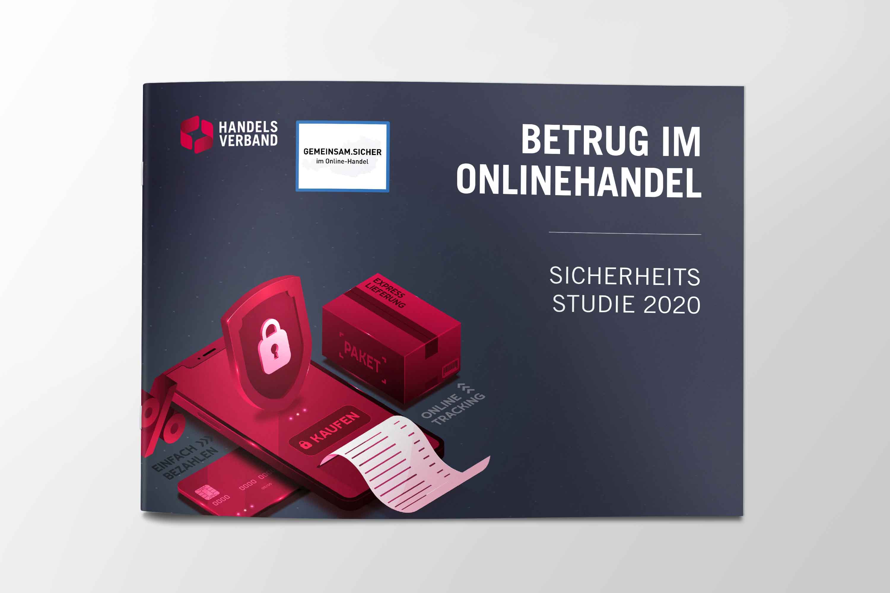 A4 Folder im Querformat zum Thema Sicherheit im Onlinehandel. Aufbereitung komplexer Inhalte in einer klar strukturierten visuellen Kommunikation zur Unterstützung von Informationsvermittlung und Verständnis