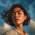 A young woman with short wavy hair gazes thoughtfully under a vibrant blue sky, her patterned blouse illuminated by warm sunlight.