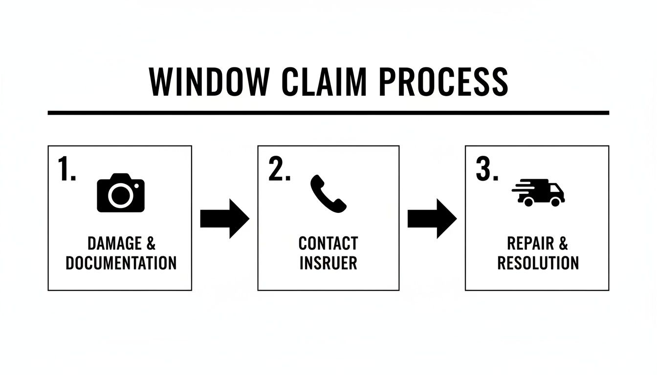 Flowchart showing the three steps of a window claim process: damage documentation, contact insurer, and repair resolution.