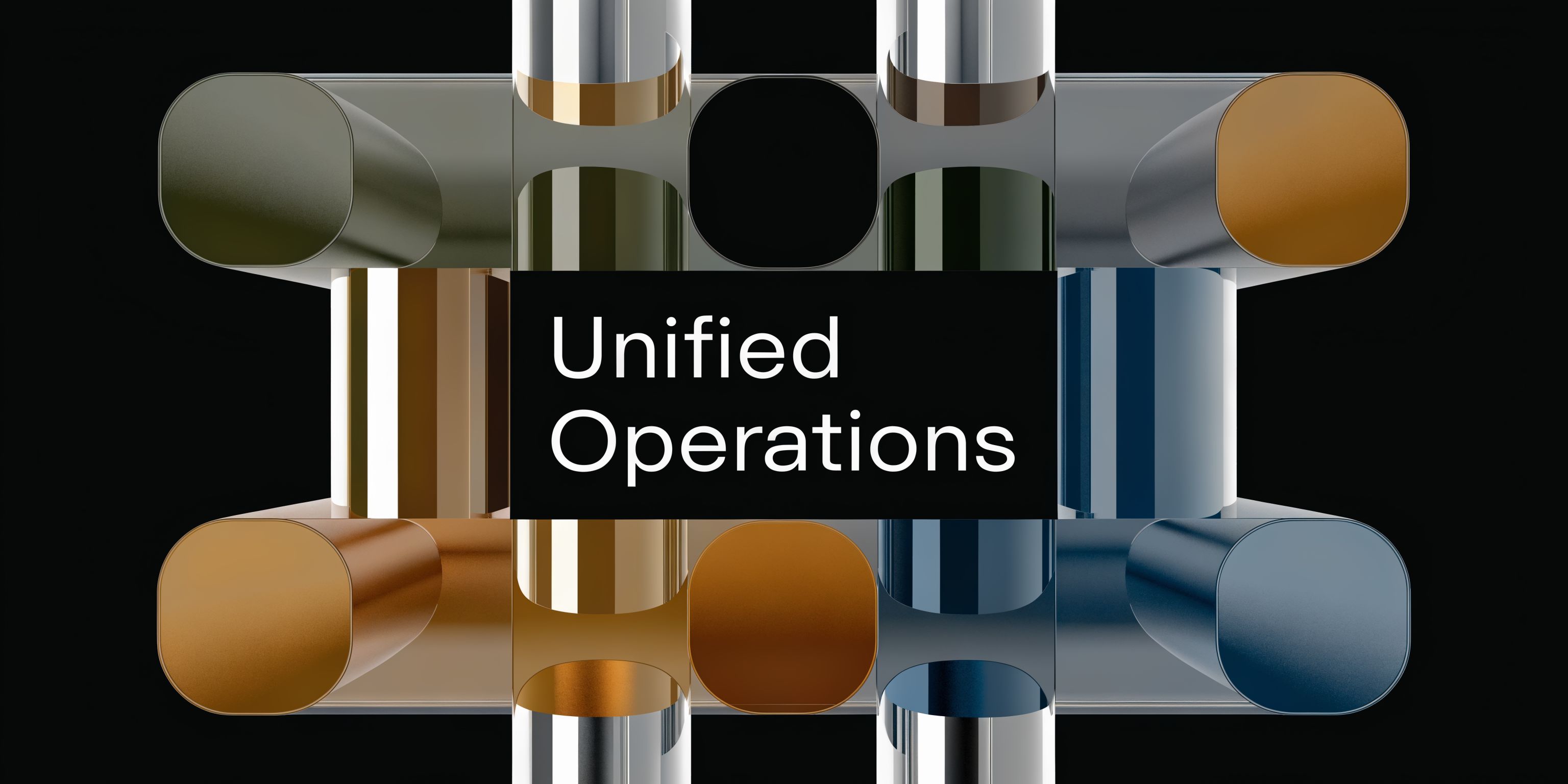 A minimalist graphic with the text Unified Operations set against abstract 3D geometric shapes in earthy tones.