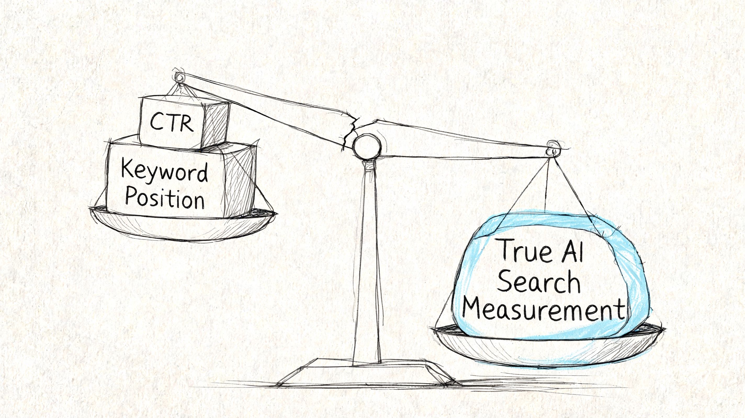 A conceptual sketch of a balance scale weighing traditional SEO metrics against true AI search measurement.