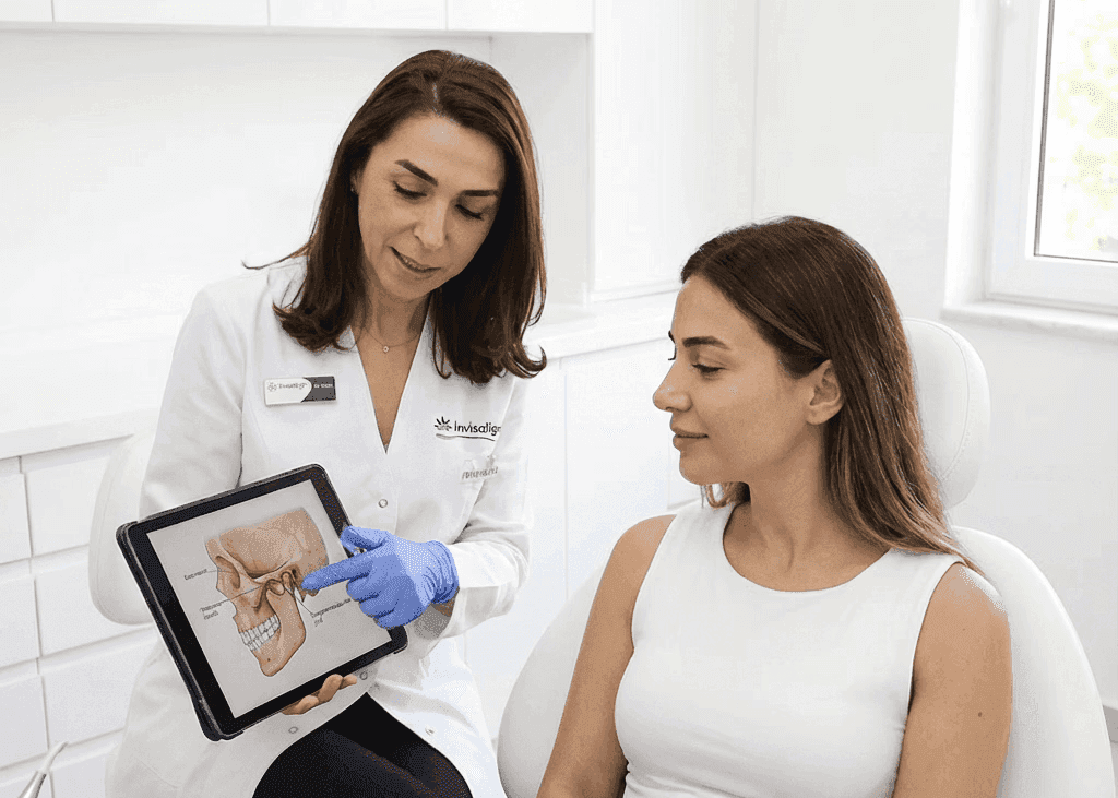 Dentist discussing jaw structure with patient during consultation for teeth grinding and bite-related issues.&nbsp;