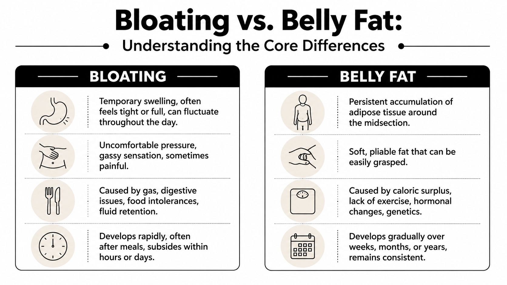 An infographic comparing bloating and belly fat by highlighting their physical characteristics, causes, and development timelines.