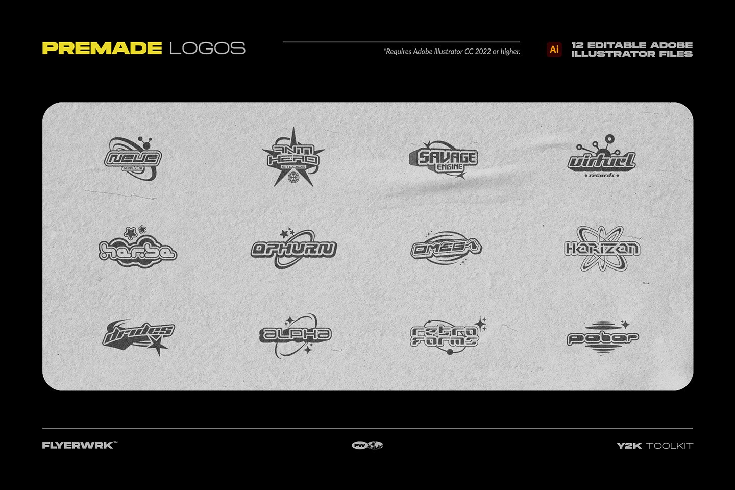 Y2K Toolkit premade logo templates inspired by retro futuristic Y2K design