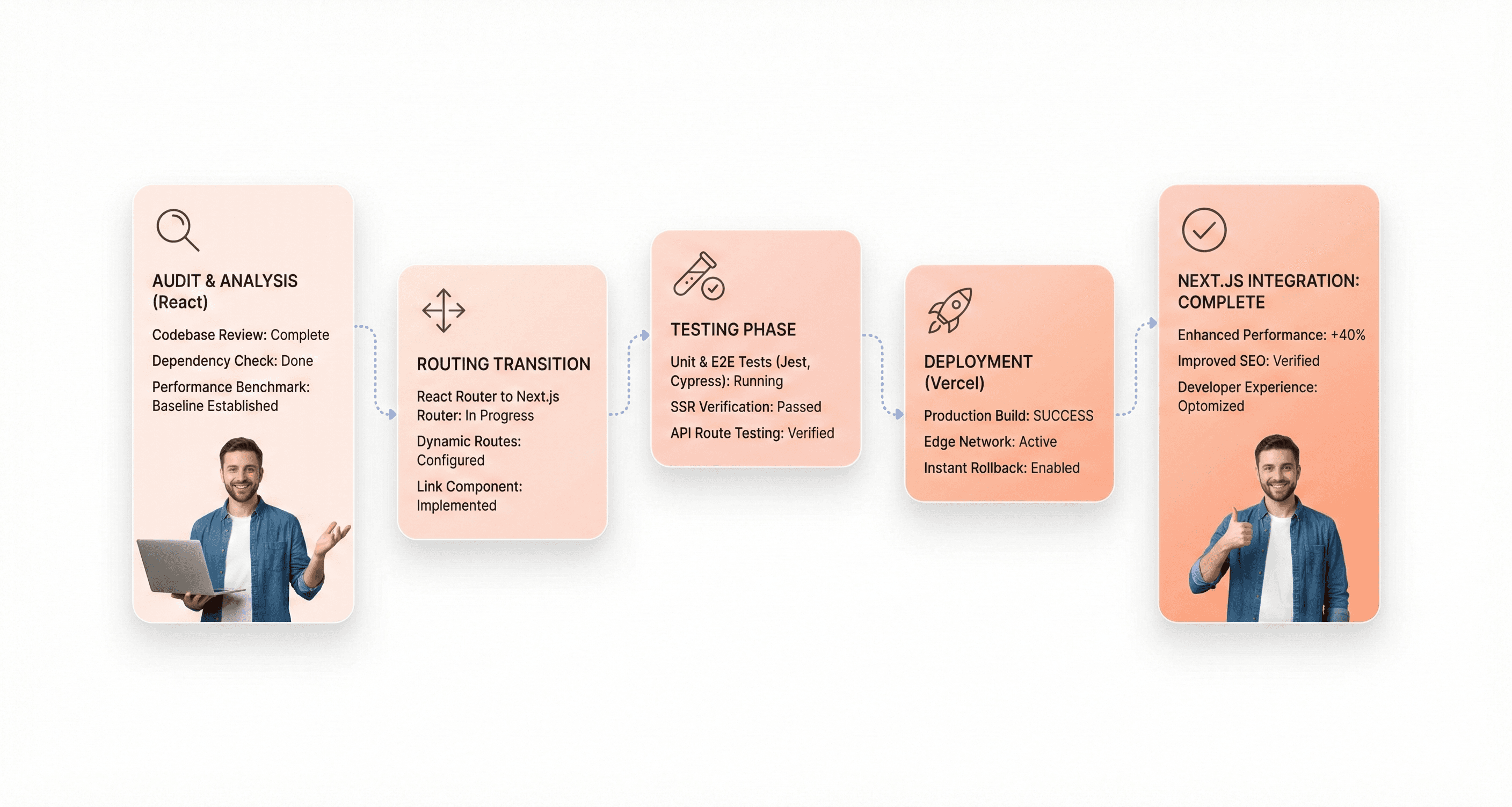“Phased migration process from React to Next.js for SaaS products, showing gradual transition without disrupting production systems”