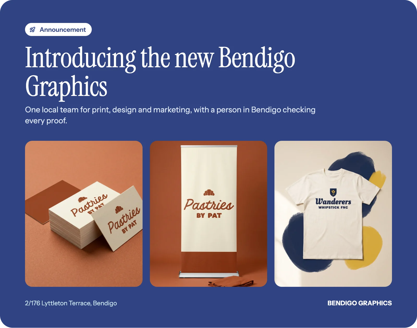 Announcement graphic for the new Bendigo Graphics showing branded business cards, a pull up banner and a printed classic tee.