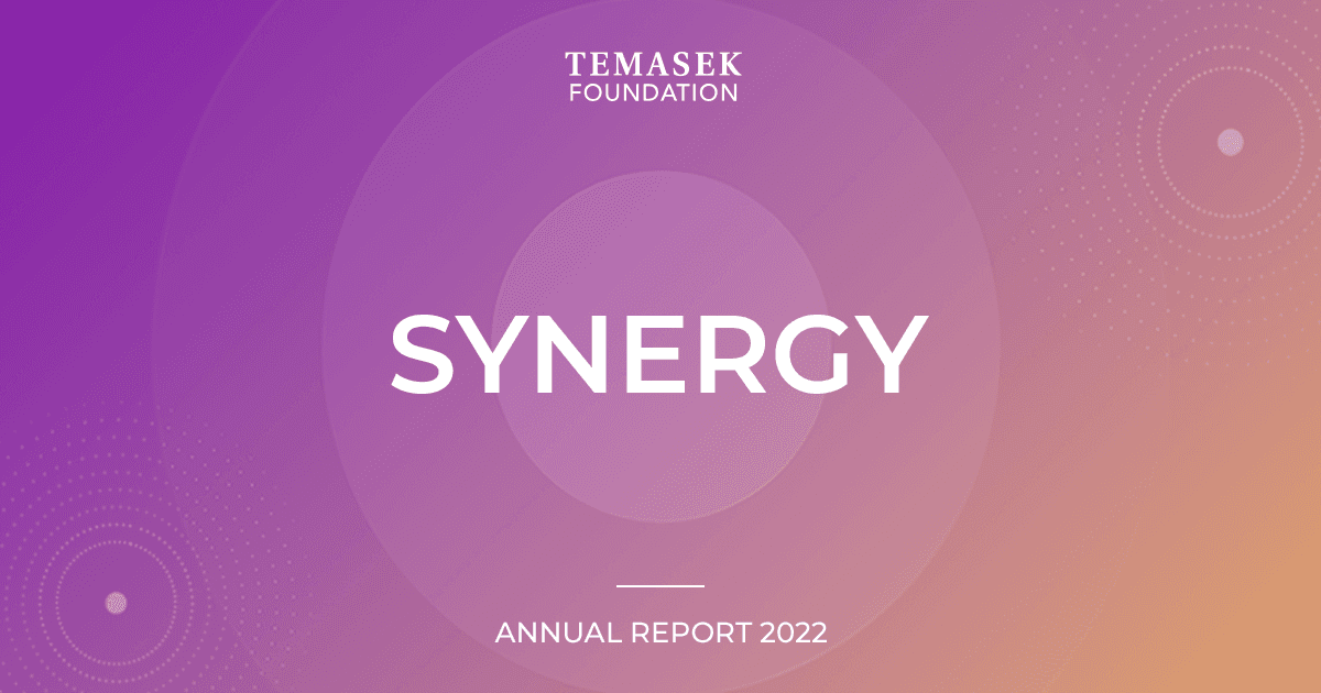 Cover of Temasek Foundation's Annual Report featuring a purple-orange gradient radial background with the word 'Synergy'