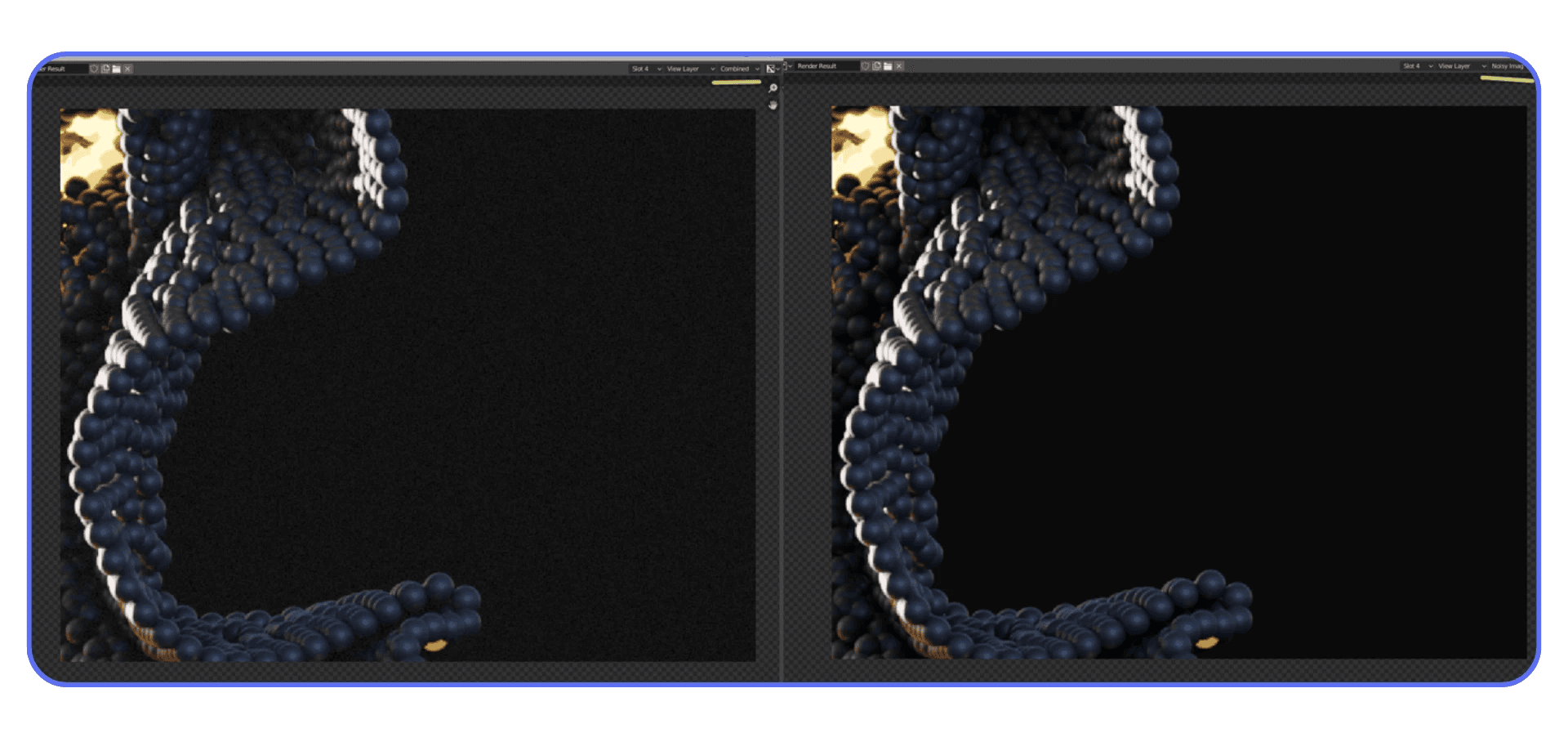 Blender Cycles render comparison showing noisy render on the left and cleaner optimized render on the right