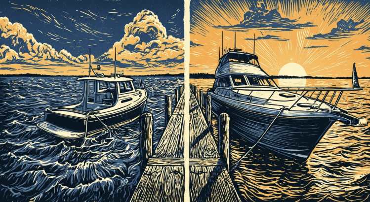 Illustration comparing a small cruiser in open water with a larger flybridge motor yacht at a dock, showing what changes when moving up to a bigger boat