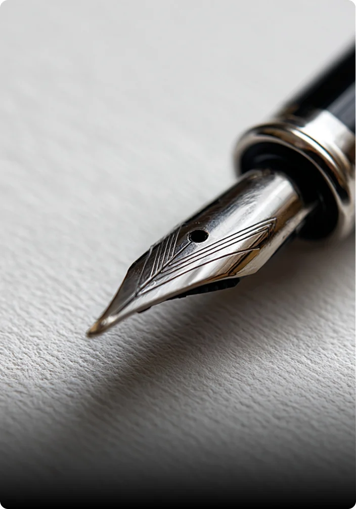 A close-up, macro shot of a silver fountain pen nib resting on textured white paper.