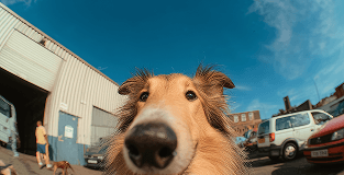 A close-up of a collie dog's face in a sunny outdoor setting with a blue sky and buildings in the background.