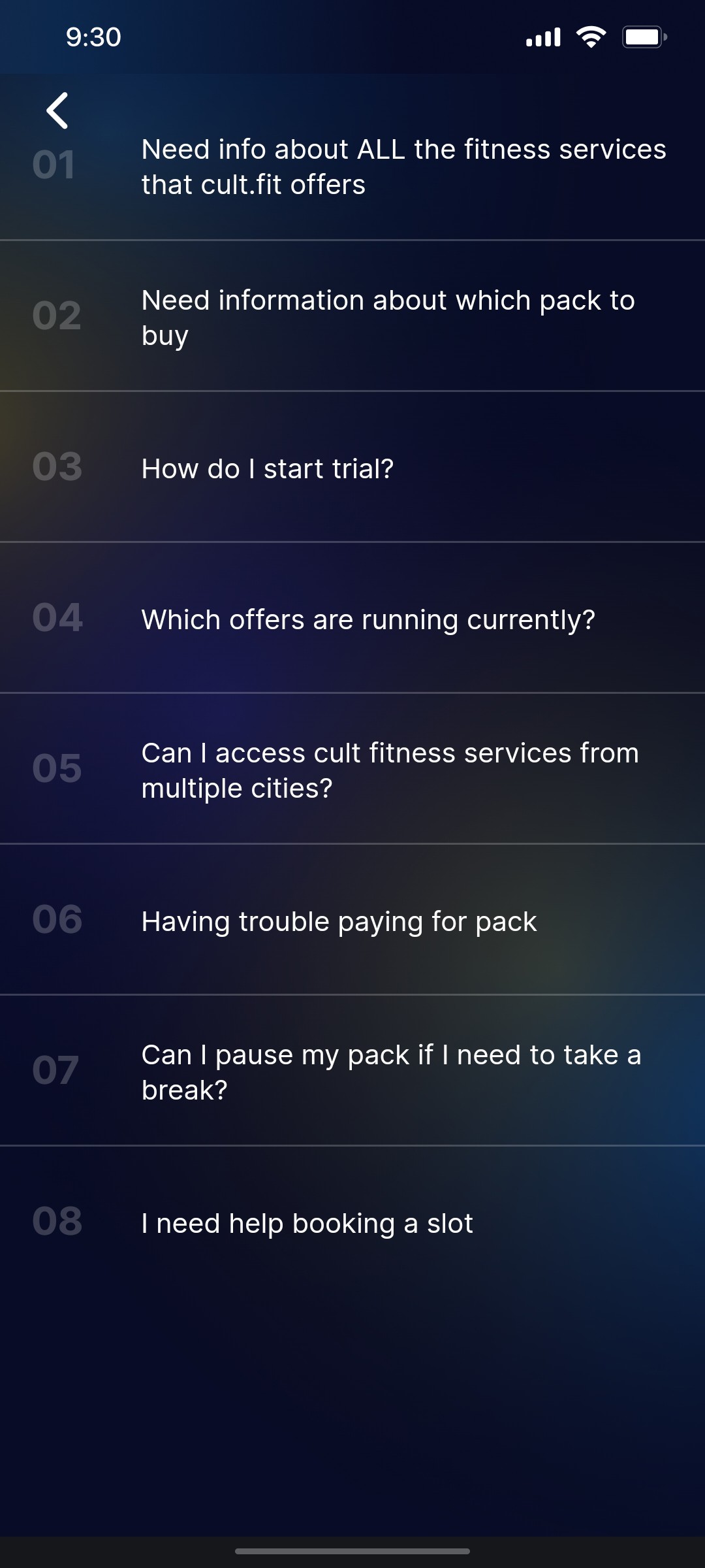 Cult.fit App Servicess Screen