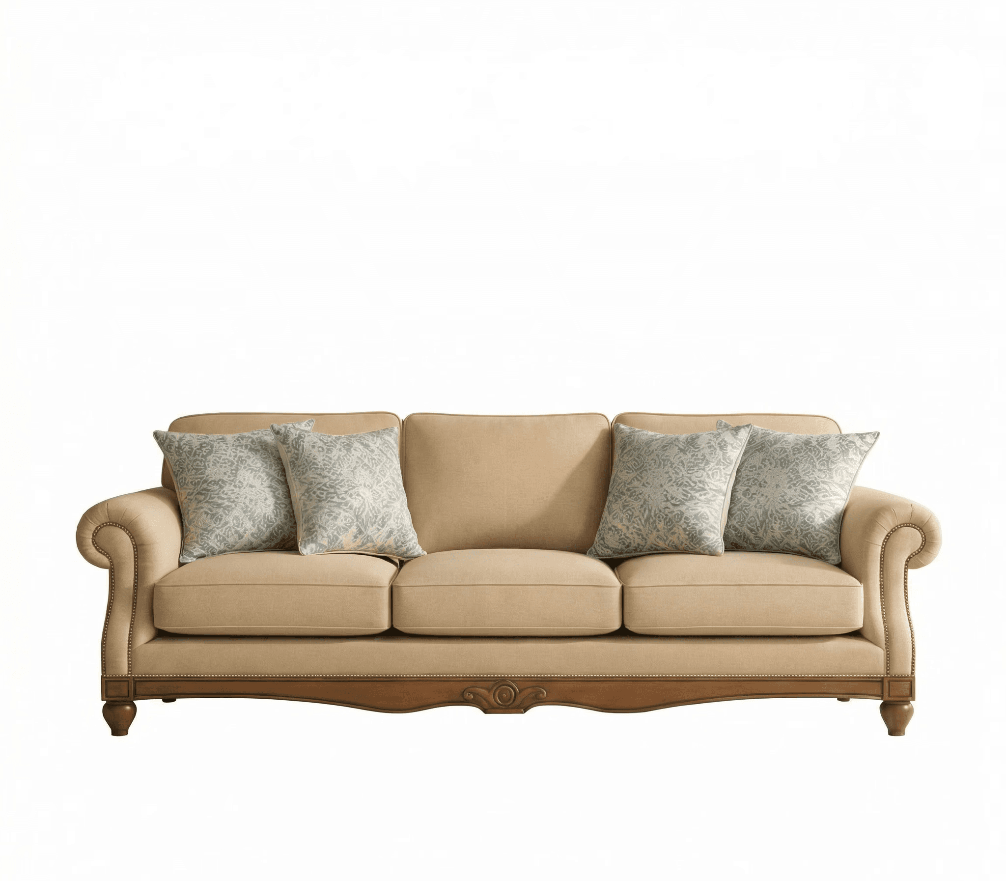 A traditional three‑seater highlighted by rolled arms and decorative cushion detailing.