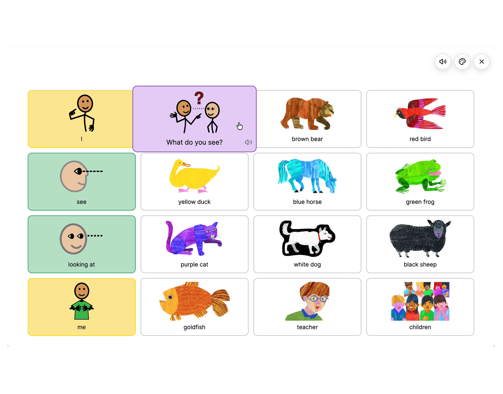 Flexspeak Studio interactive activity using picture symbols to support the Brown Bear What Do You See book, with colorful image cards for each animal