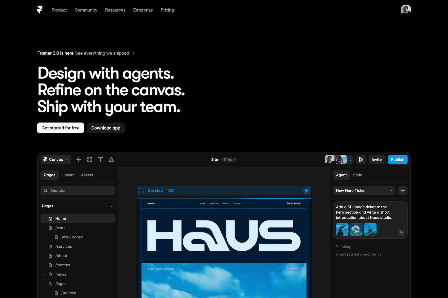Framer's homepage design
