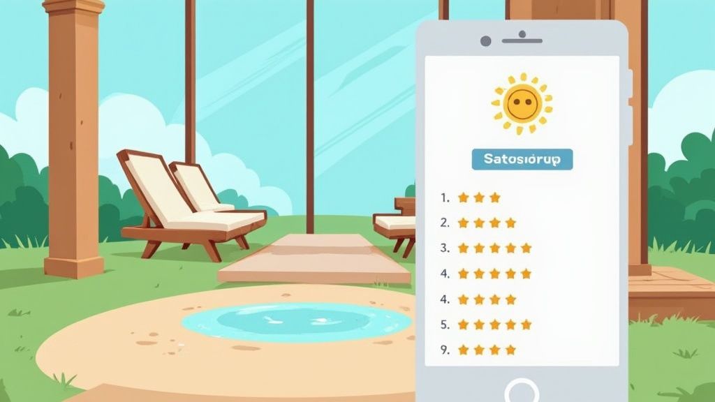 A modern tablet screen displaying a customer satisfaction survey with simple, clean icons.