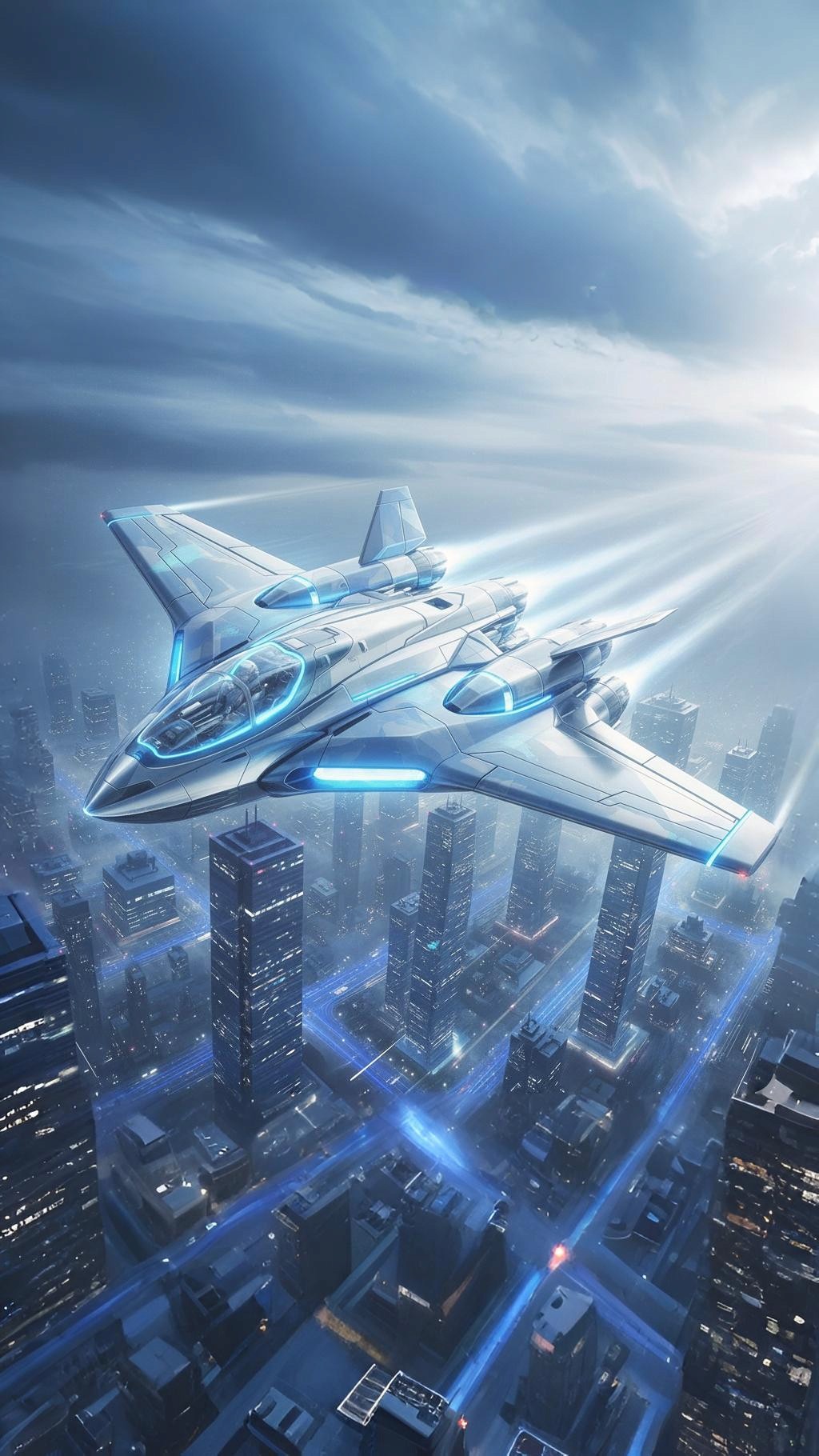 A sleek futuristic jet flying over a city with blue light trails