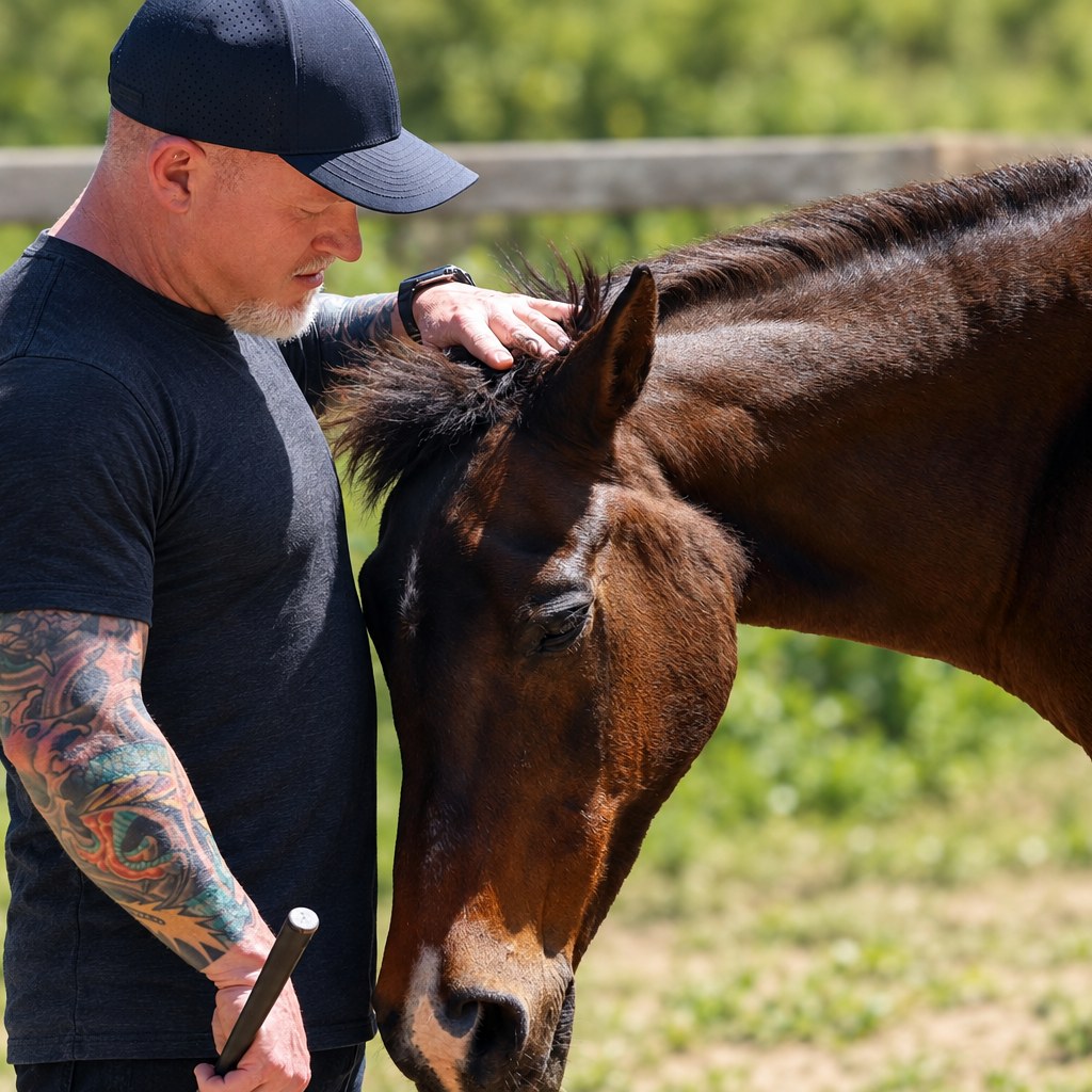 Bryce Thomason resting a hand on the head of a brown horse during a coach training day of presence work with horses.