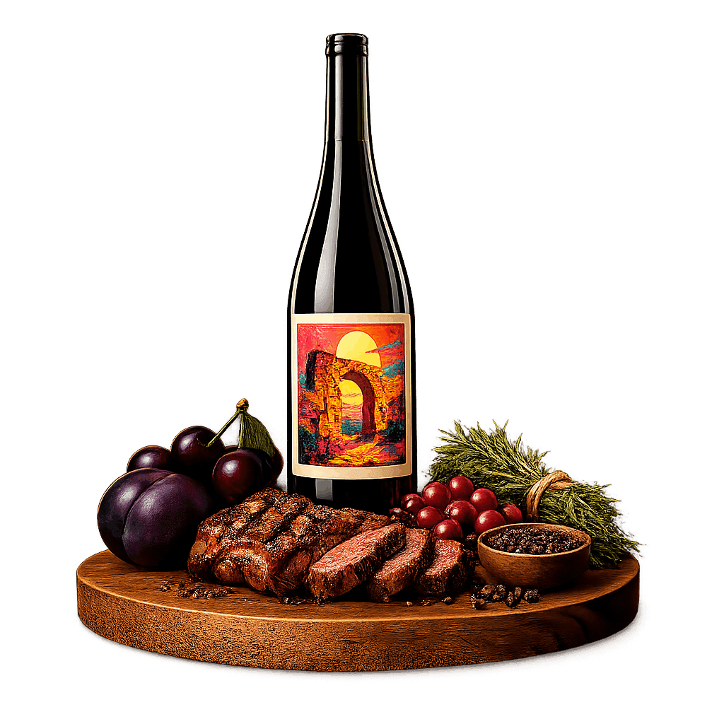 Artistic label and flavor profile for Israeli Carignan on a rustic wooden table.