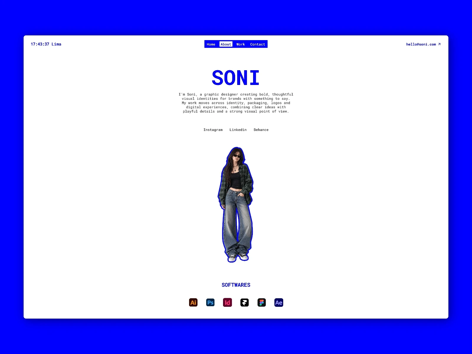 SONI portfolio about page with designer profile, social links, and minimalist layout