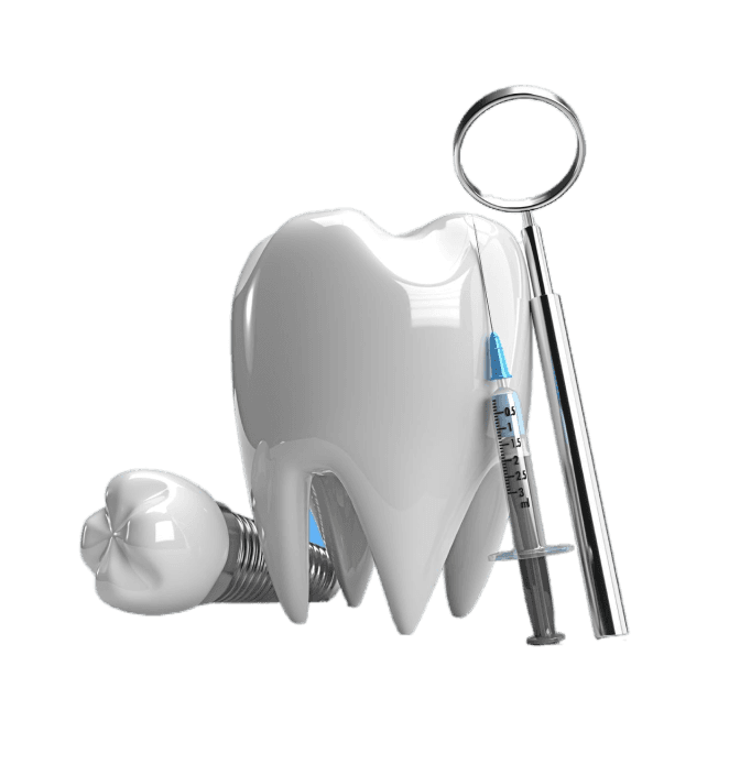 Graphic illustration of a tooth with a dental mirror and other dental tools, representing dental care and restoration.