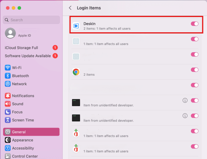 enable DeskIn app in mac General settings