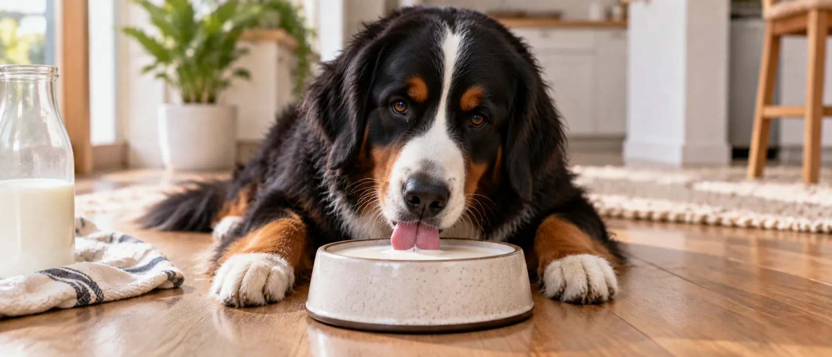 A Bernese Mountain Dog drinks from a bowl beside a milk bottle, raising the cow's milk question.