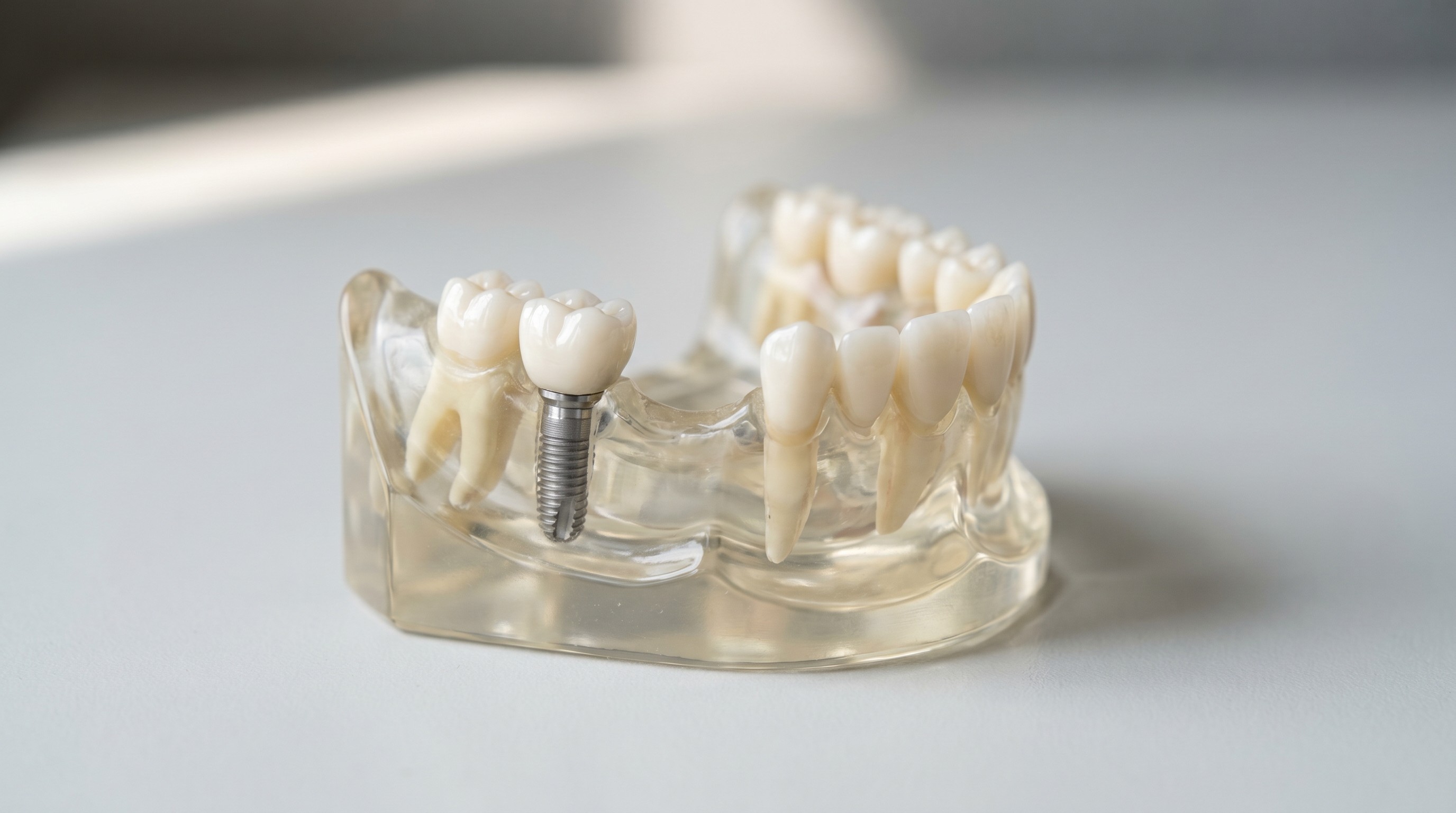 Dental model comparing a single tooth implant with a three-unit fixed bridge side by side