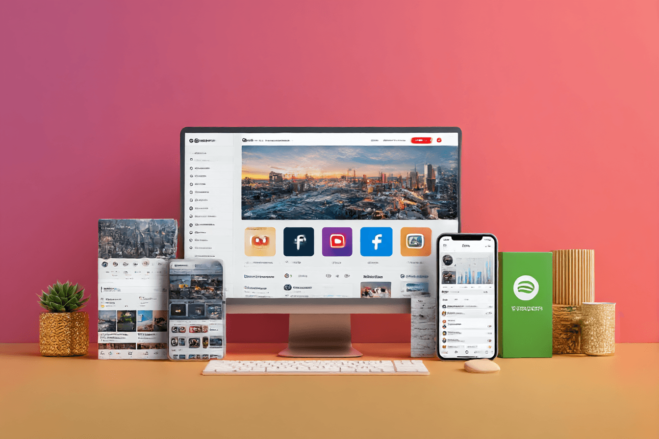 Desktop, phones, and tablets displaying apps. Includes Spotify, Facebook, YouTube, and other social media apps.
