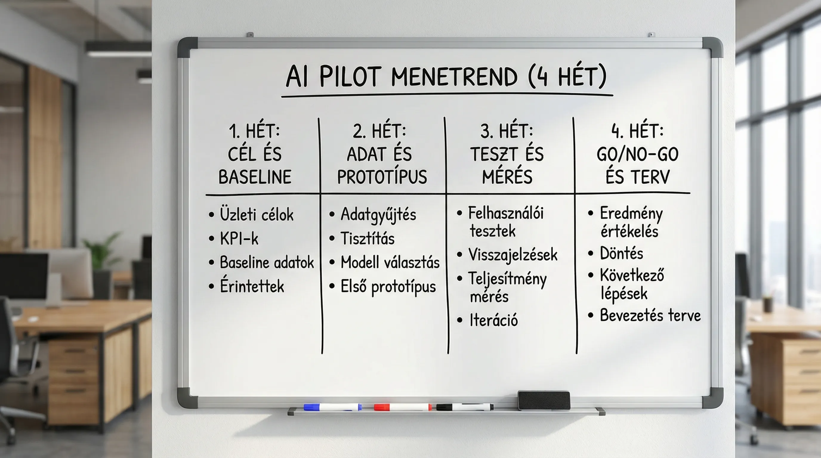 Egyszerű, áttekinthető ábra egy 4 hetes AI pilot menetrendről: négy egymás melletti oszlop „1. hét: cél és baseline”, „2. hét: adat és prototípus”, „3. hét: teszt és mérés”, „4. hét: go/no-go és terv”, alatta rövid deliverable-ekkel.