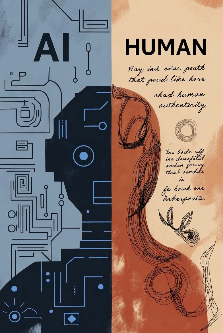 A split-composition digital illustration contrasting AI and human elements in email marketing. On the left, a cool blue-gray background features stark geometric circuits, wires, and a shadowy profile silhouette evoking cold automation, labeled "AI" in bold sans-serif font. On the right, a warm ochre background bursts with organic, hand-sketched swirls, imperfect circles, leafy motifs, and flowing lines suggesting warmth and creativity, labeled "HUMAN" in expressive typography. Overlaid handwritten-style text reads fragmented phrases like "May not stand post that could like here that had human authenticity" and "The bad eff in the dreadful and survey the is sound it for how one interpersonal," emphasizing genuine, imperfect human connection breaking through AI barriers.