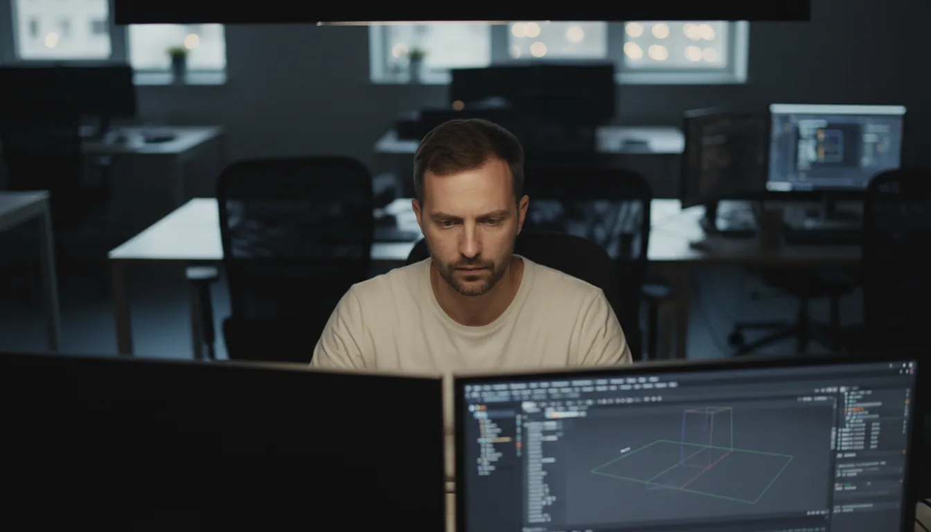High-angle DSLR photograph of a male 3D artist in his 30s, working intently at his desk in a dark office. Cinematic contrast lighting from above illuminates his face and cream-colored t-shirt as he stares at his dual-monitor setup. The shot is framed from behind the two monitors, which are angled in the foreground. The background office chairs and desks are out of focus, creating a shallow depth of field with soft bokeh.