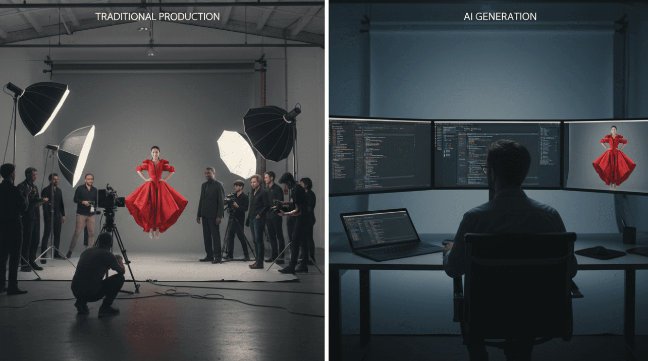 Comparison between creative AI and traditional production methods for fashion photography