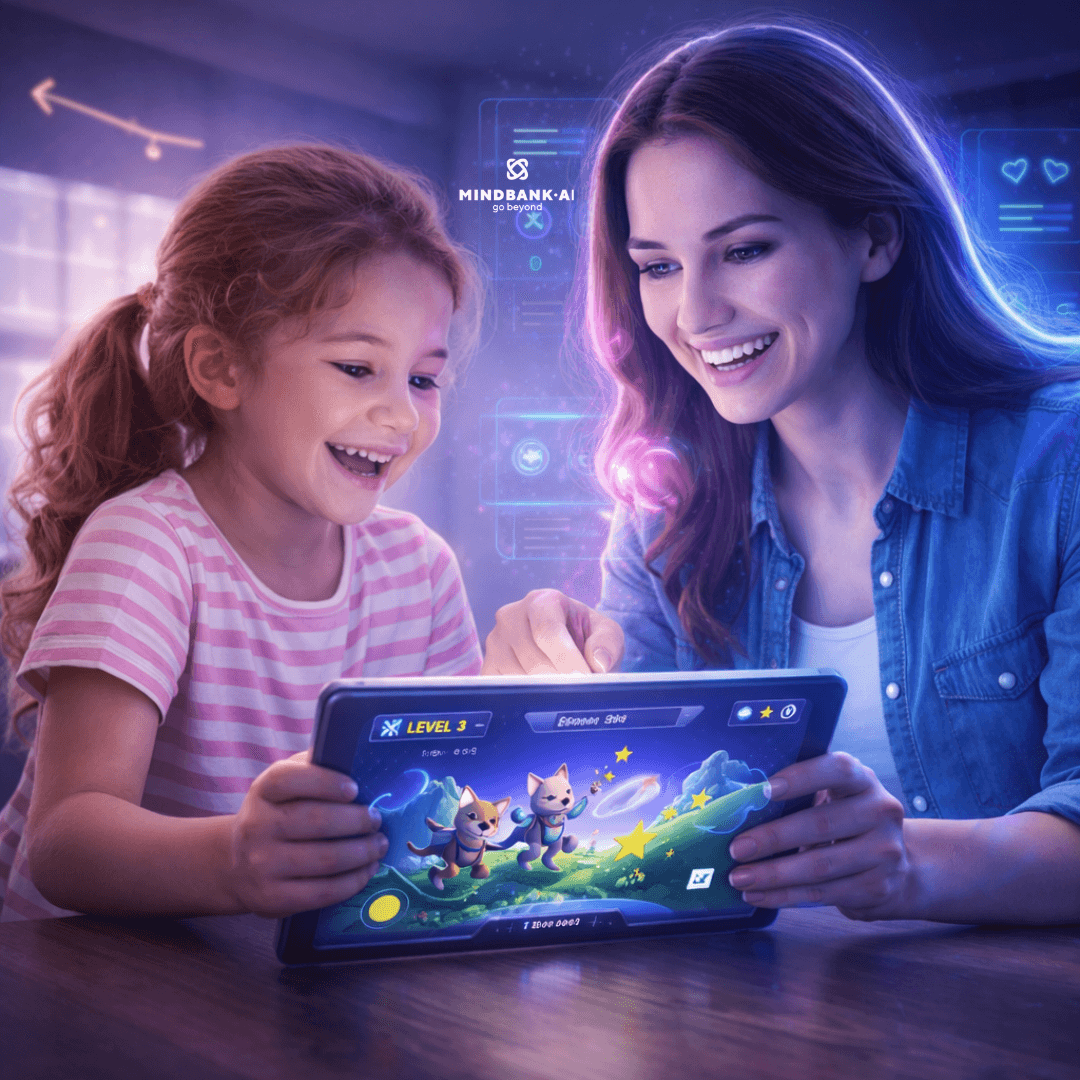 Mother and child using an AI-powered tablet for interactive learning and play at home